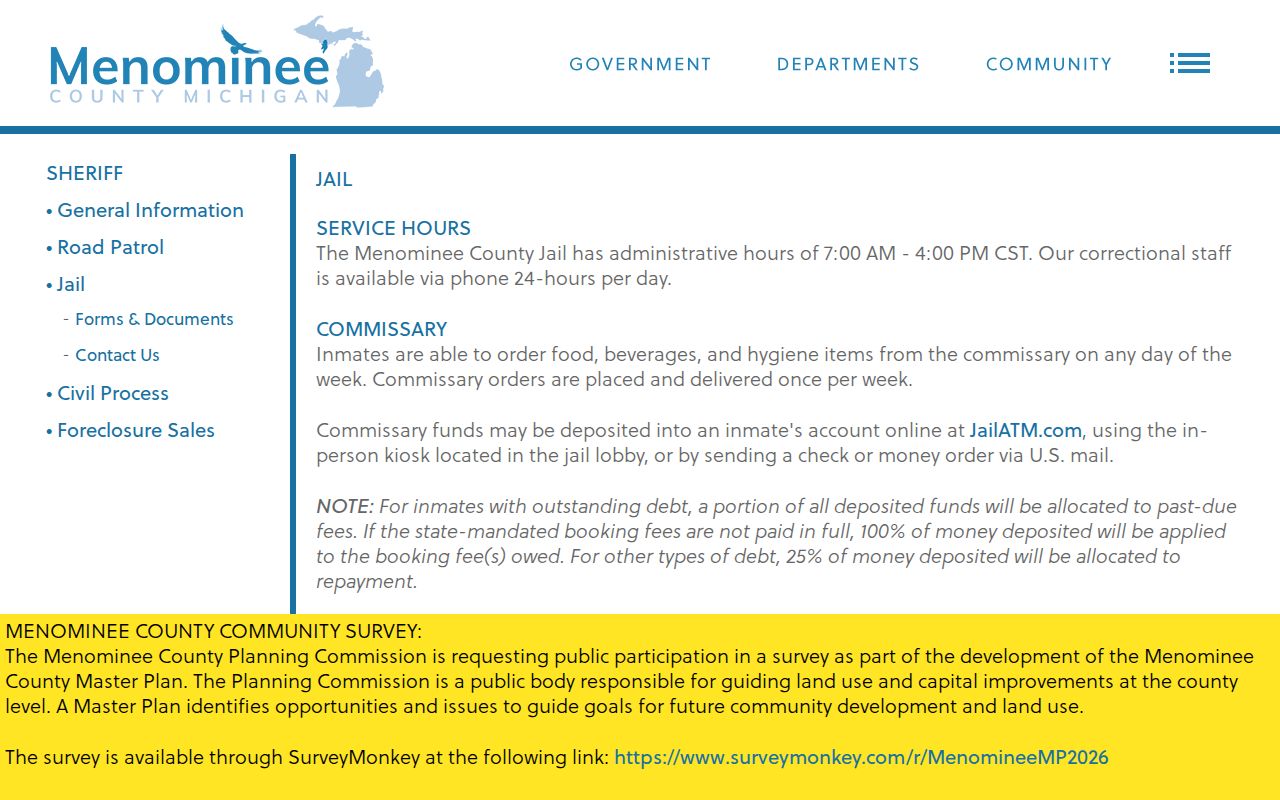 Menominee County Jail release verification and VINE information