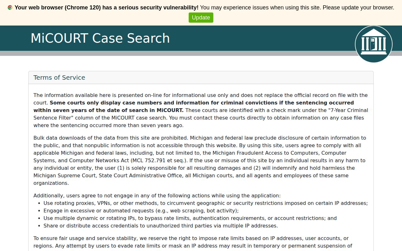 Menominee County release court record search in MiCOURT